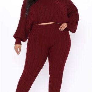 Fashion Nova Burgundy Cable Knot Meet Me Halfway Leggings Sweater Set 2X